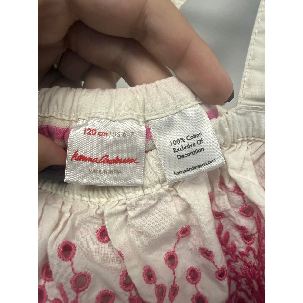 Hanna Andersson Girls Pink Striped Eyelet Ruffle Romper Size 120 US 6-7 Cotton - Picture 2 of 3